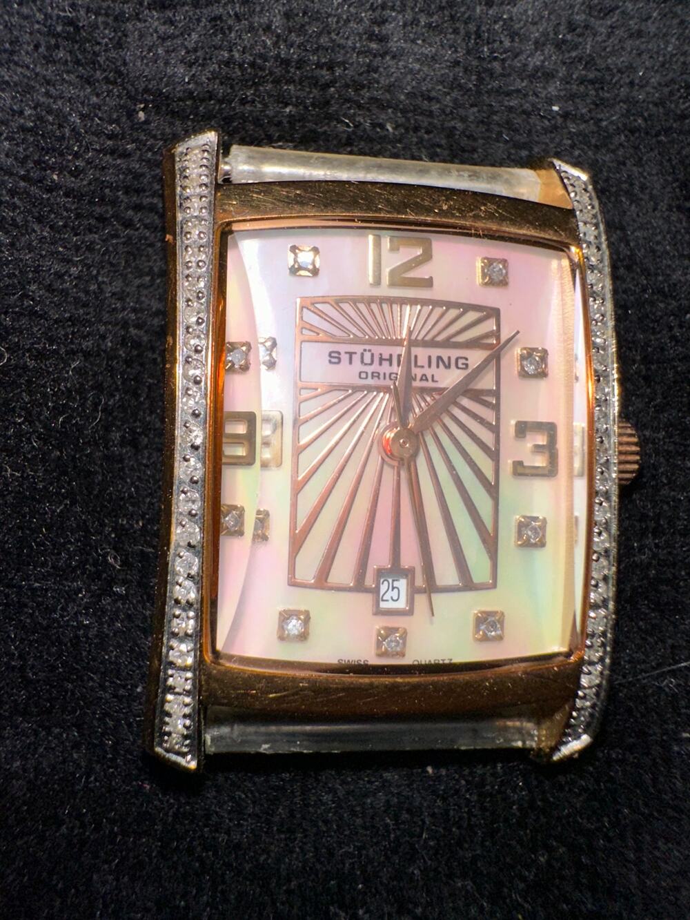 STUHRLING ART DECO DAISY OPALESCENT STAINLESS STEEL WATCH W/ GENUINE DIAMONDS